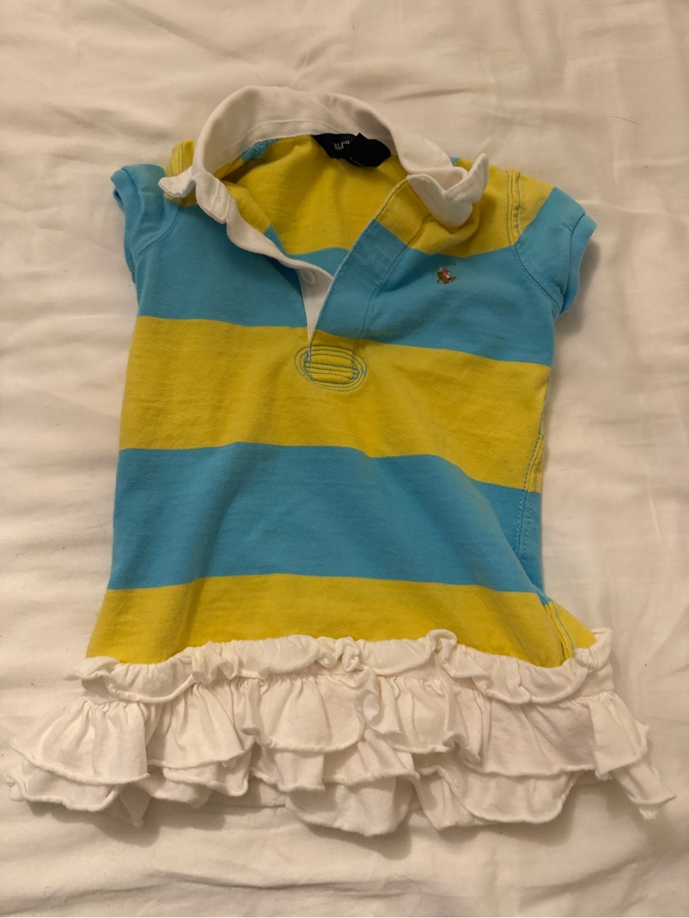 Ralph Lauren Blue & Yellow Striped Polo Dress with White Ruffle Hem 2t